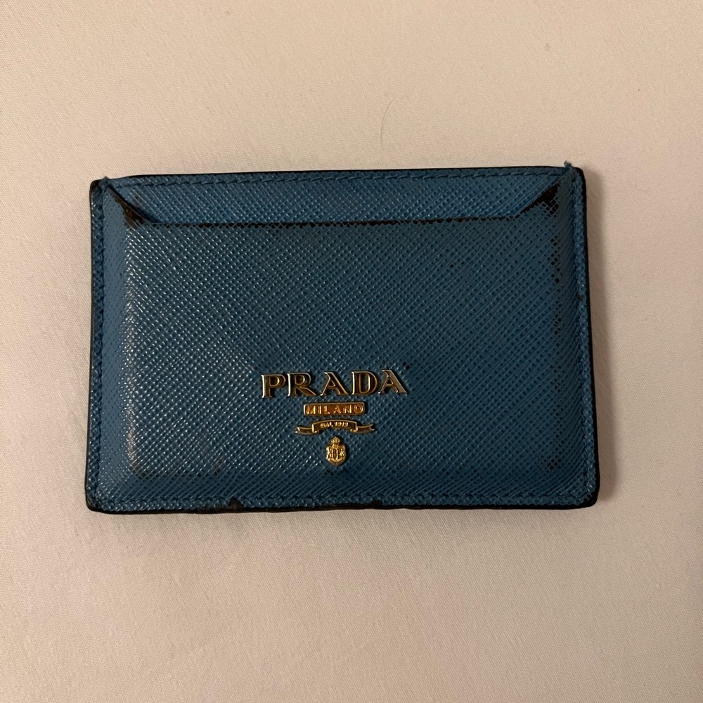 Prada Blue Saffiano Leather Card Case with Gold Logo